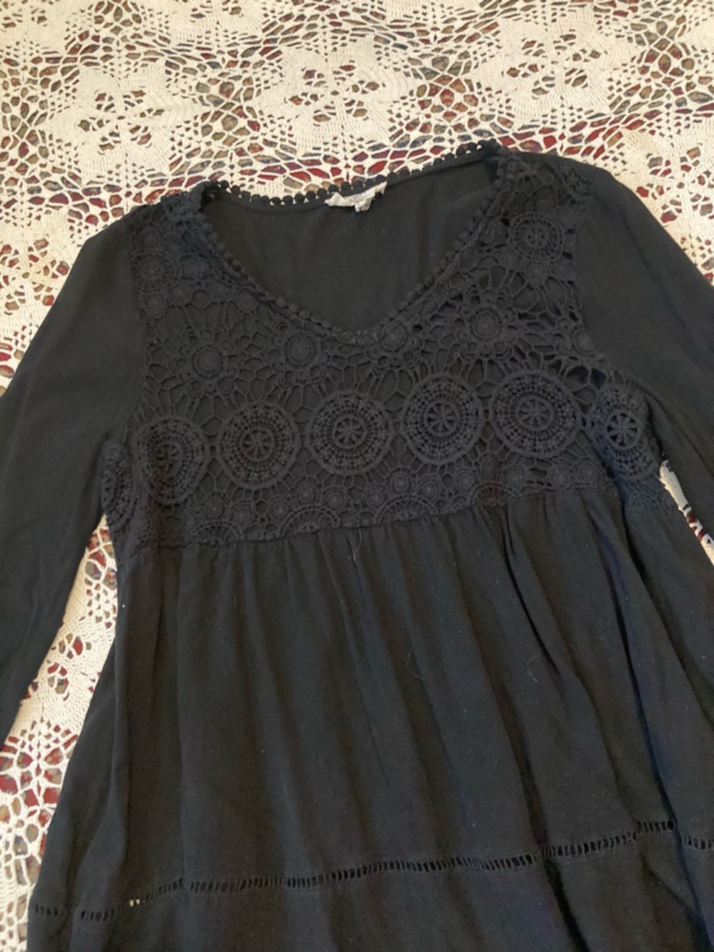 Black Crochet Yoke Long Sleeve Tunic Top